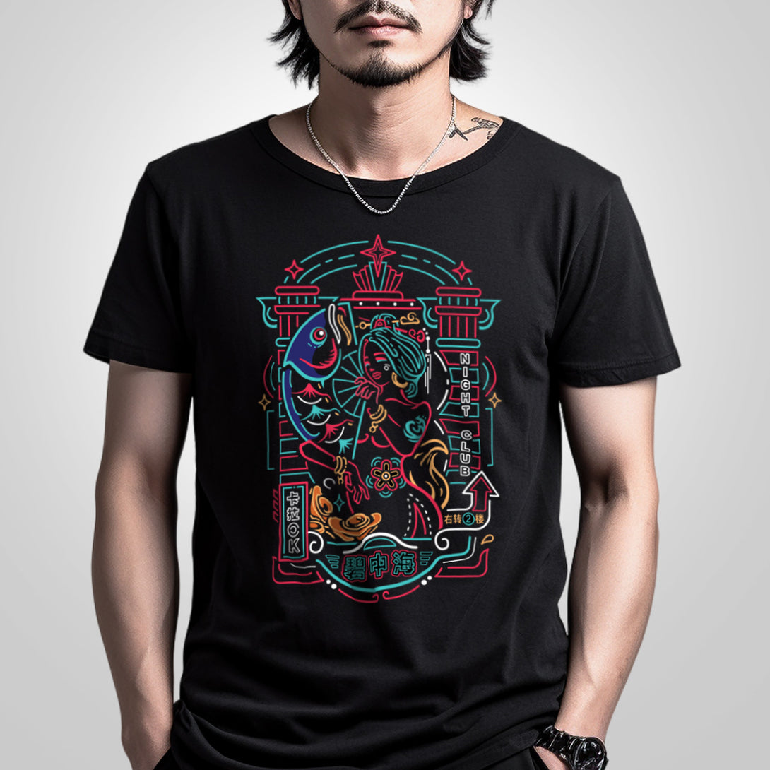 Neon - a model wearing a Japanese style black heavyweight T-shirt featuring the graphic design inspired by vintage Shanghai neon lights, printed on the front