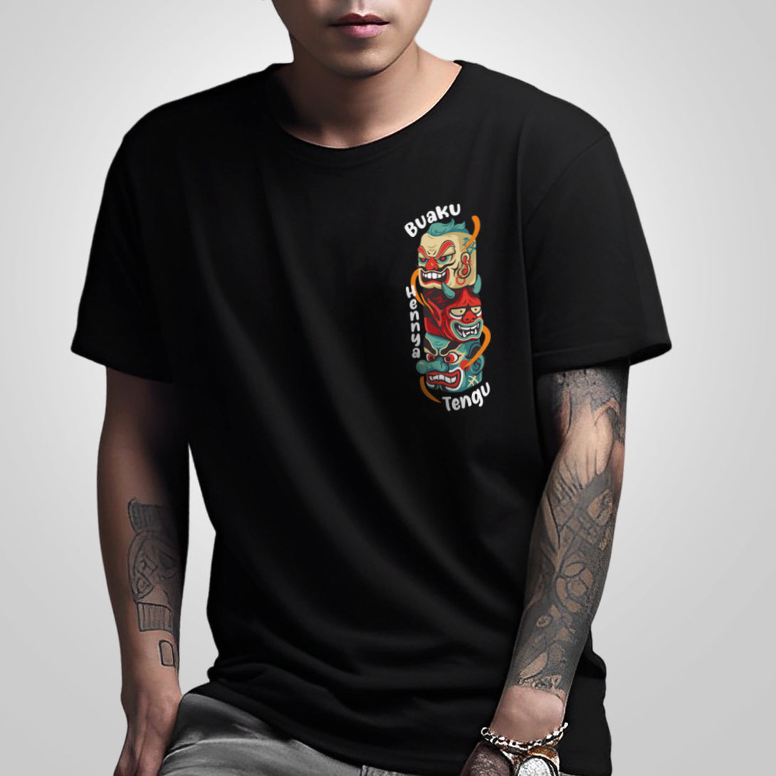 Legendary creatures - a model wearing a Japanese style black heavyweight T-shirt featuring a design of legendary creatures found in Japanese folk religion, printed on the front