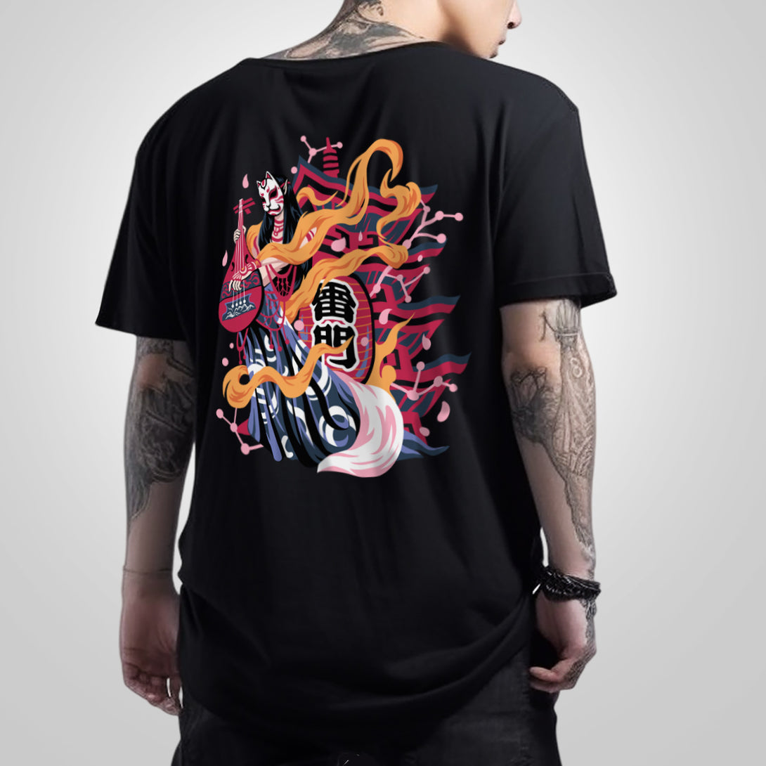 pipa-playing Buddhist semi-deity - a model wearing a Japanese style black heavyweight T-shirt featuring a design of an oriental buddhist deity playing the pipa, printed on the back -back view