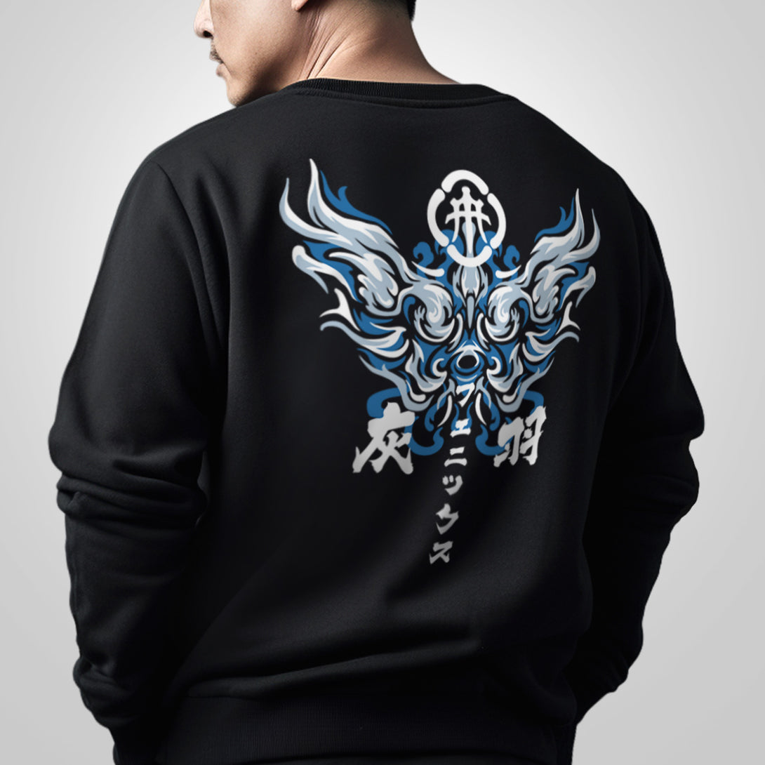 Fenikkusu - a model wearing a black sweatshirt, featuring a design of a traditional Japanese phoenix  printed on the back-back view