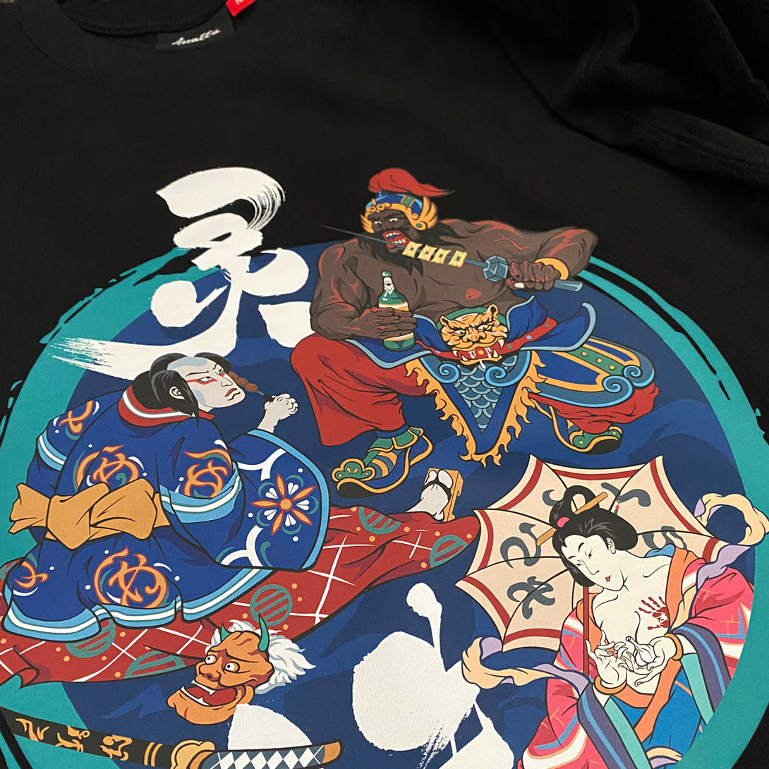 Oriental Youkai - a close-up of an exquisite design of deities from Eastern mythology printed on the Japanese style black heavyweight T-shirt-1