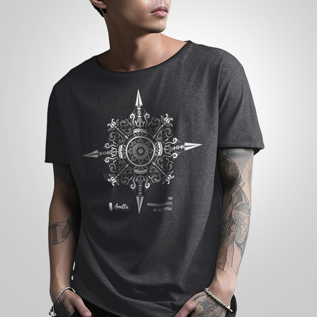 Vajra - a model wearing a Japanese style dark grey heavyweight T-shirt featuring an exquisite design inspired by Buddhism's Vajra printed on the front