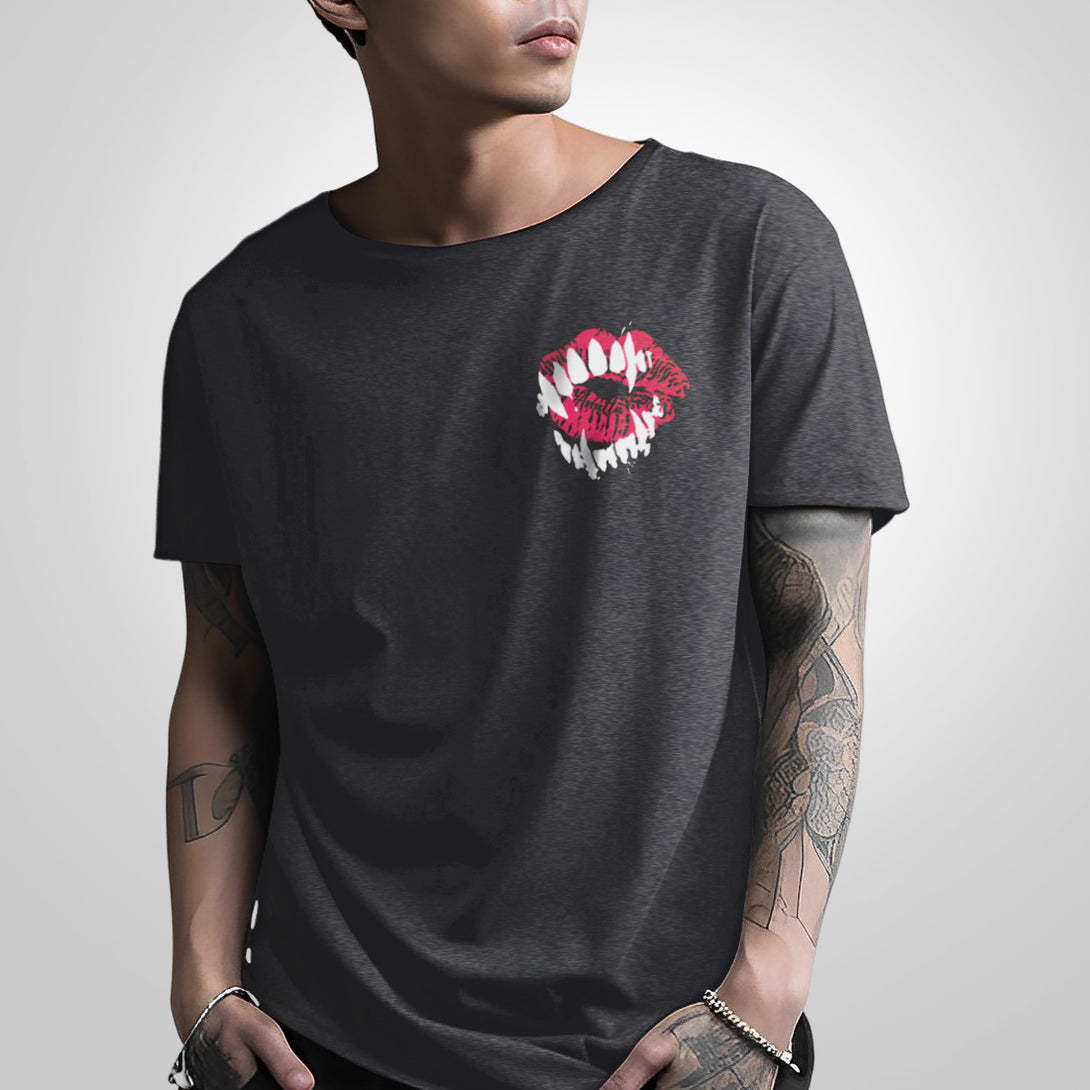 Chimei-teki - a model wearing a Japanese style dark grey heavyweight T-shirt featuring a design combining red lips with devilish teeth, printed on the front