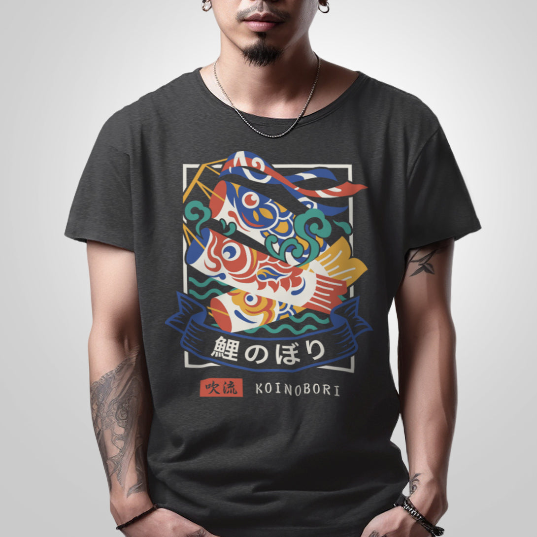 Koinobori - a model wearing a Japanese style dark grey heavyweight T-shirt featuring a design of Japanese carp streamers printed on the front