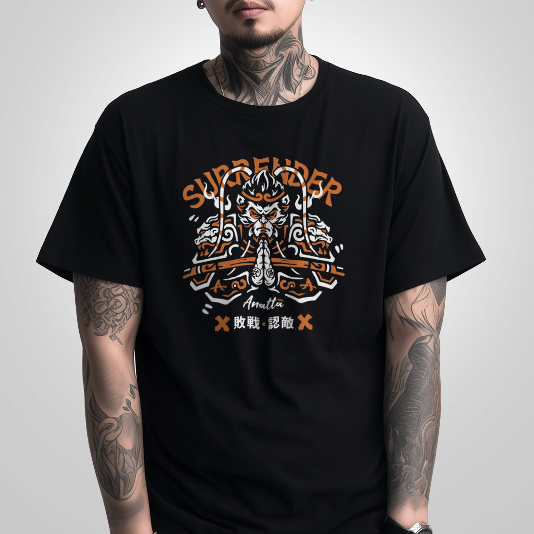 a model wearing a Japanese style black heavyweight T-shirt featuring a graphic design of Sun Wukong Surrendering, printed on the front - Anatta Streetwear
