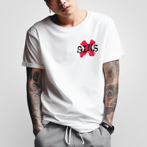 Do no evil - a model wearing a Japanese style white heavyweight T-shirt featuring a graphic design printed on the front
