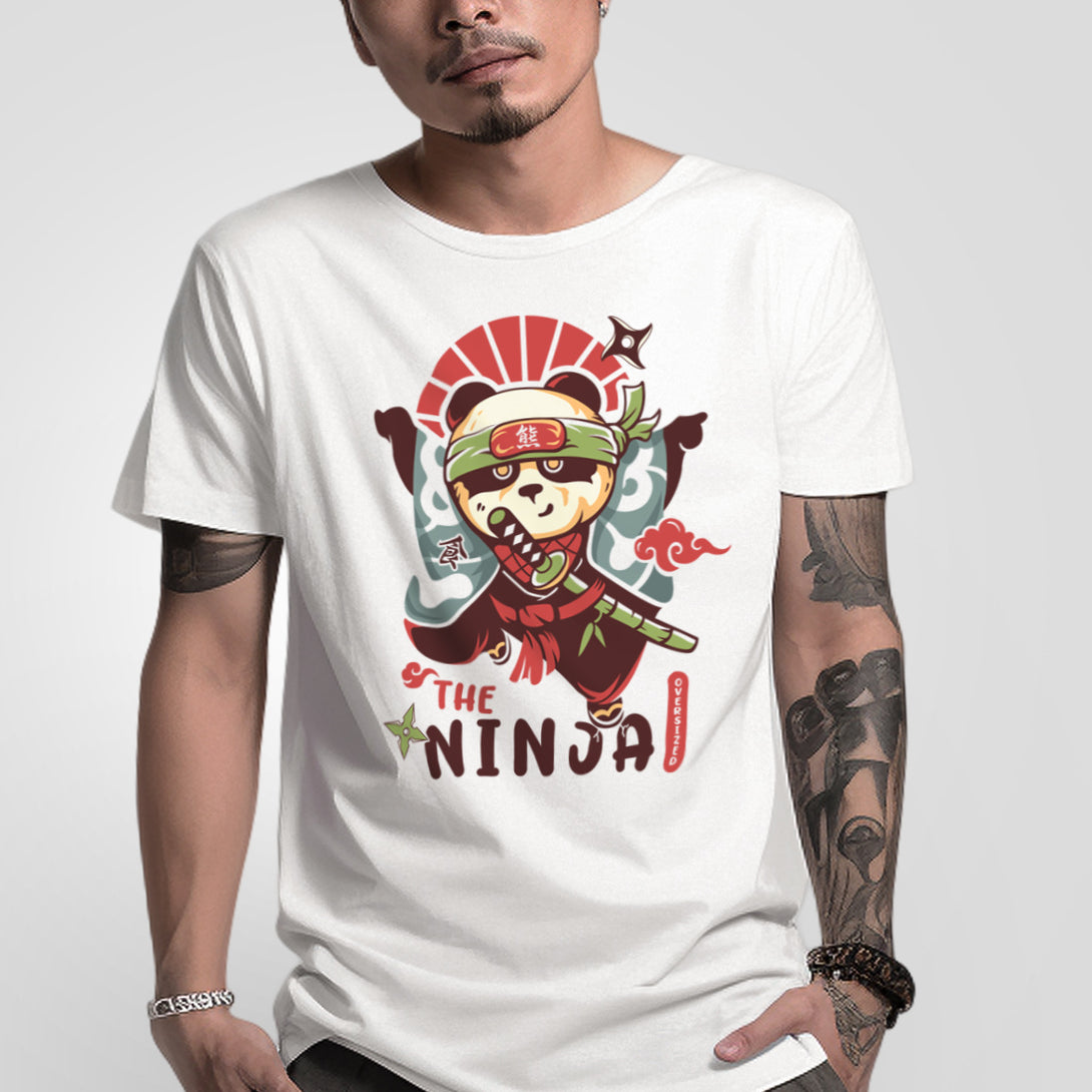 Oversized Ninja - a model wearing a Japanese style white heavyweight T-shirt featuring an amusing graphic design of an oversized Japanese panda ninja, printed on the front