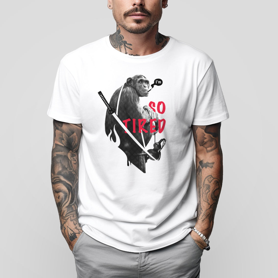 So Tired - a model wearing a Japanese style white heavyweight T-shirt featuring a graphic design of a tired monkey smoking, printed on the front