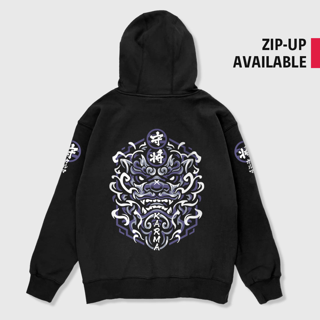 Wrathful deity - A Japanese style black hoodie with a Japanese mythical creature illustration printed on the back, Japanese characters printed on the sleeves
