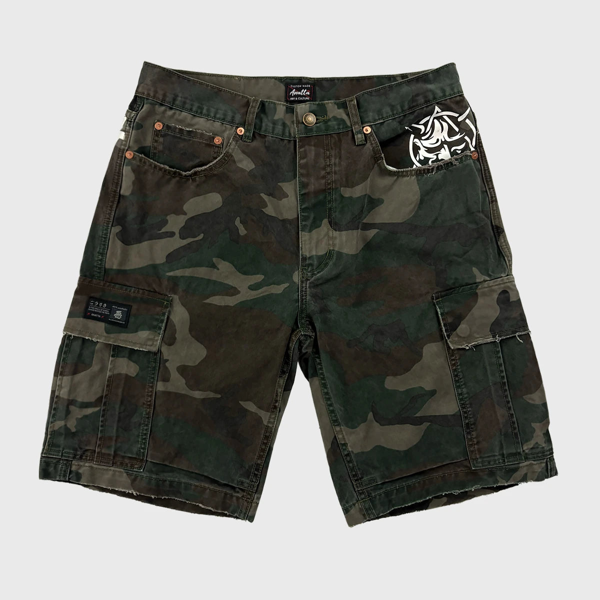 front view of Vintage-washed heavyweight camo cargo shorts - Anatta Streetwear