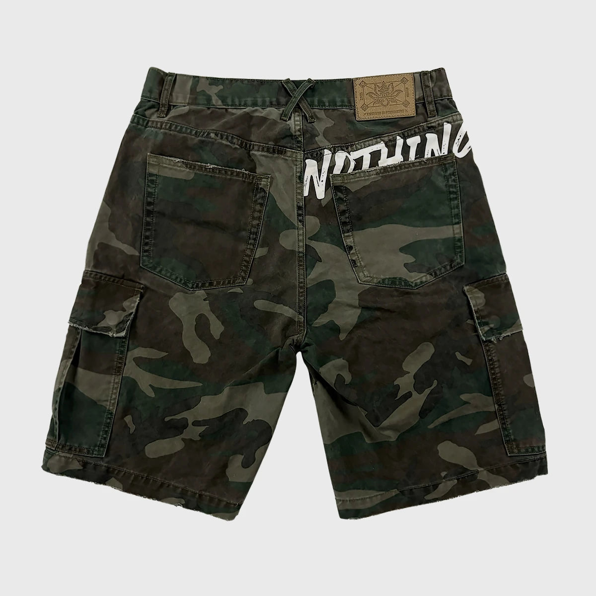 back view of Vintage-washed heavyweight camo cargo shorts - Anatta Streetwear