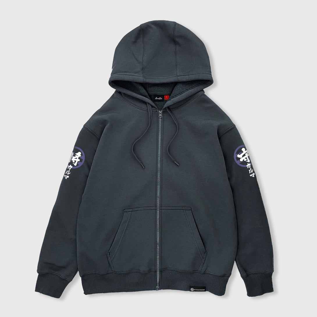 Wrathful deity - Front view of the Japanese style dark grey Zip-up hoodie