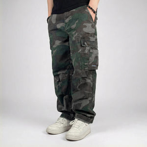 model wearing Anatta's camo heavyweight cargo pants - Anatta Streetwear