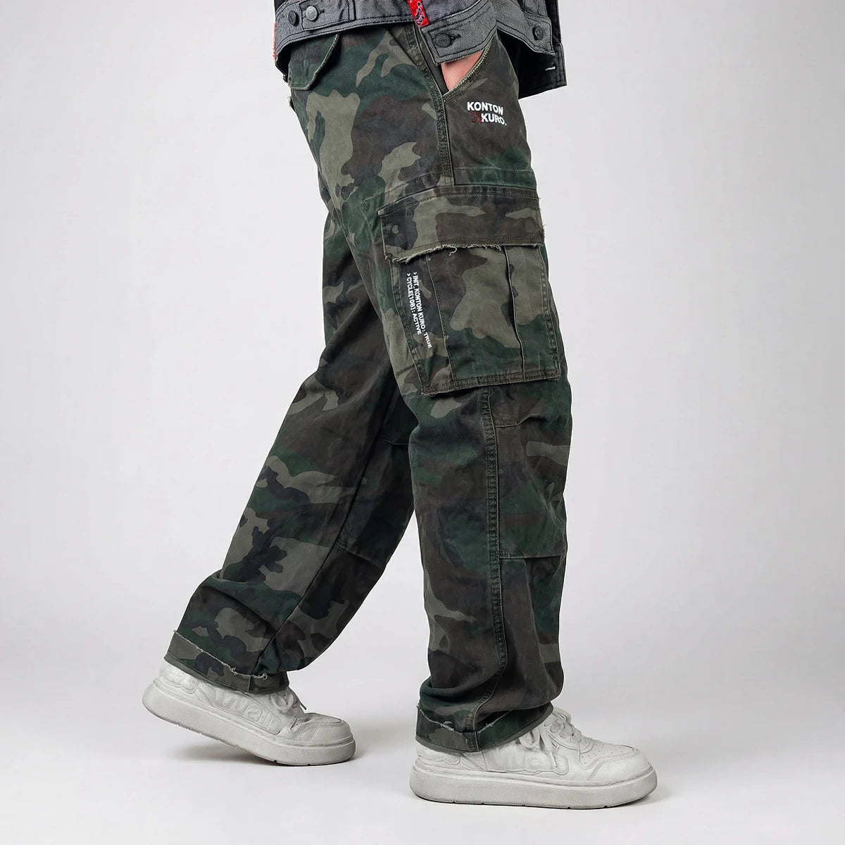 model wearing anatta's camo cargo pants - Anatta Streetwear