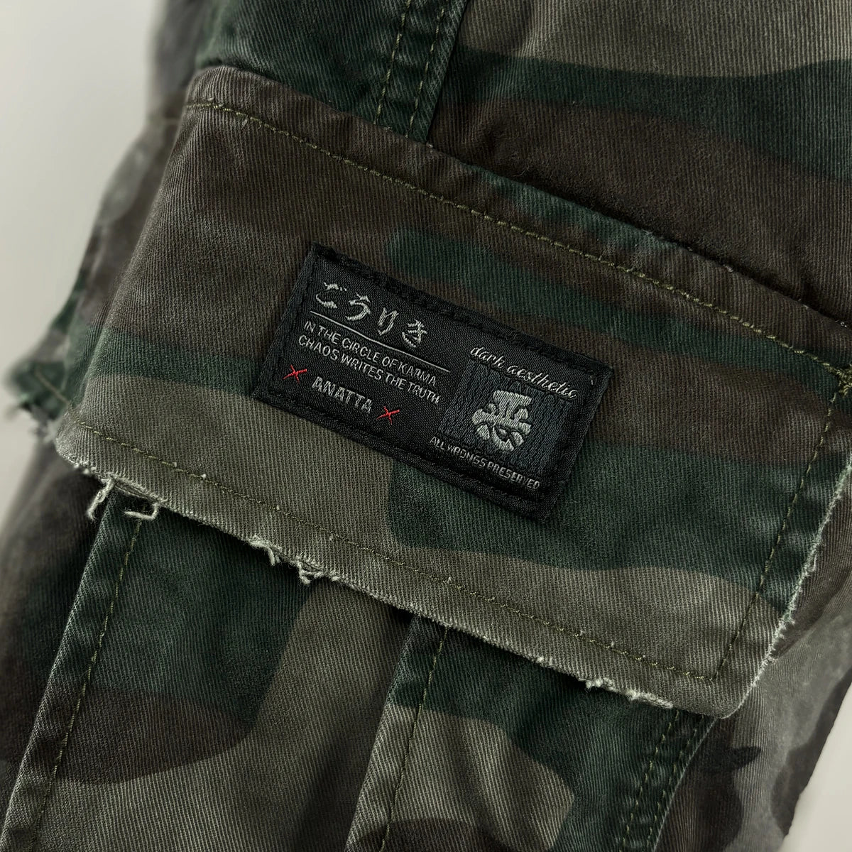 Close-up of camouflage cargo pocket featuring Anatta label