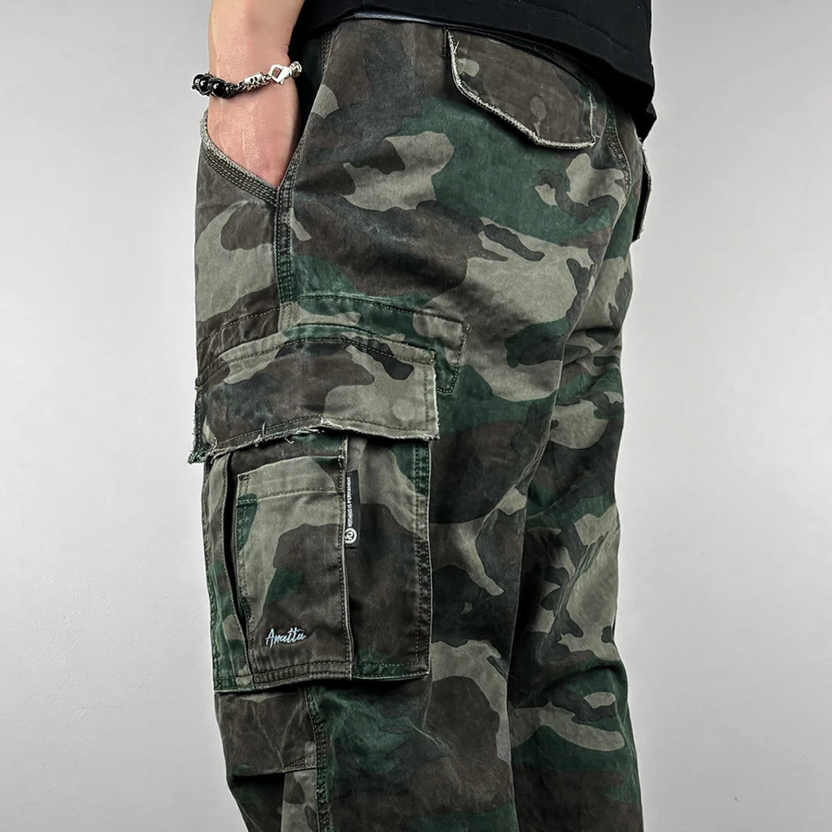 Close-up of Anatta logo embroidery on cargo pocket - Anatta Streetwear