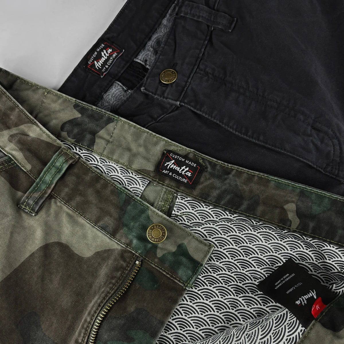 Detail views of camo and black cargo pants - Anatta Streetwear