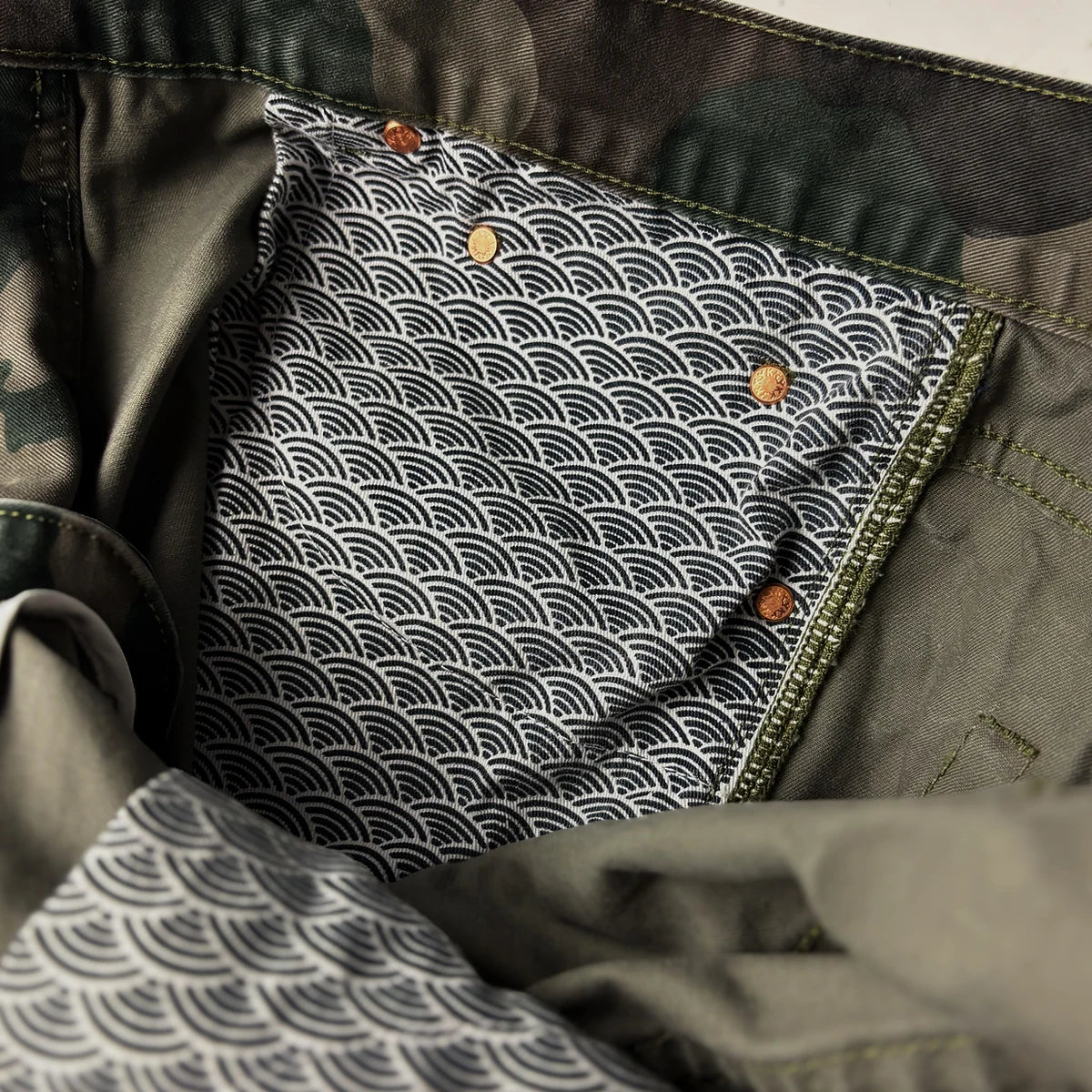 Close-up of a patterned pocket with stitching and buttons - Anatta Streetwear