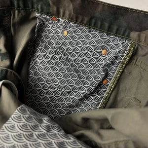 Close-up of a patterned pocket with stitching and buttons - Anatta Streetwear