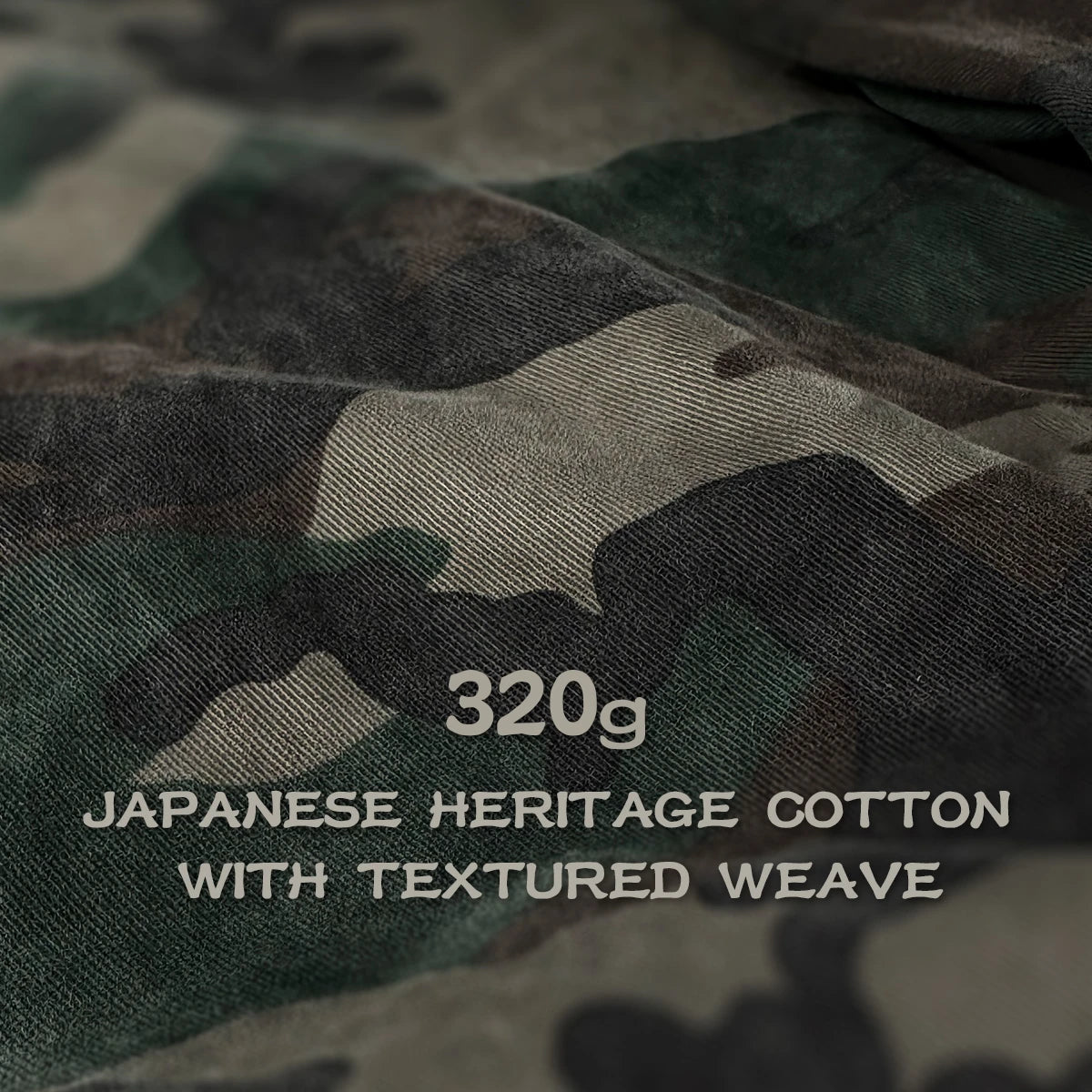 Camouflage fabric with text indicating weight and material details - Anatta Streetwear