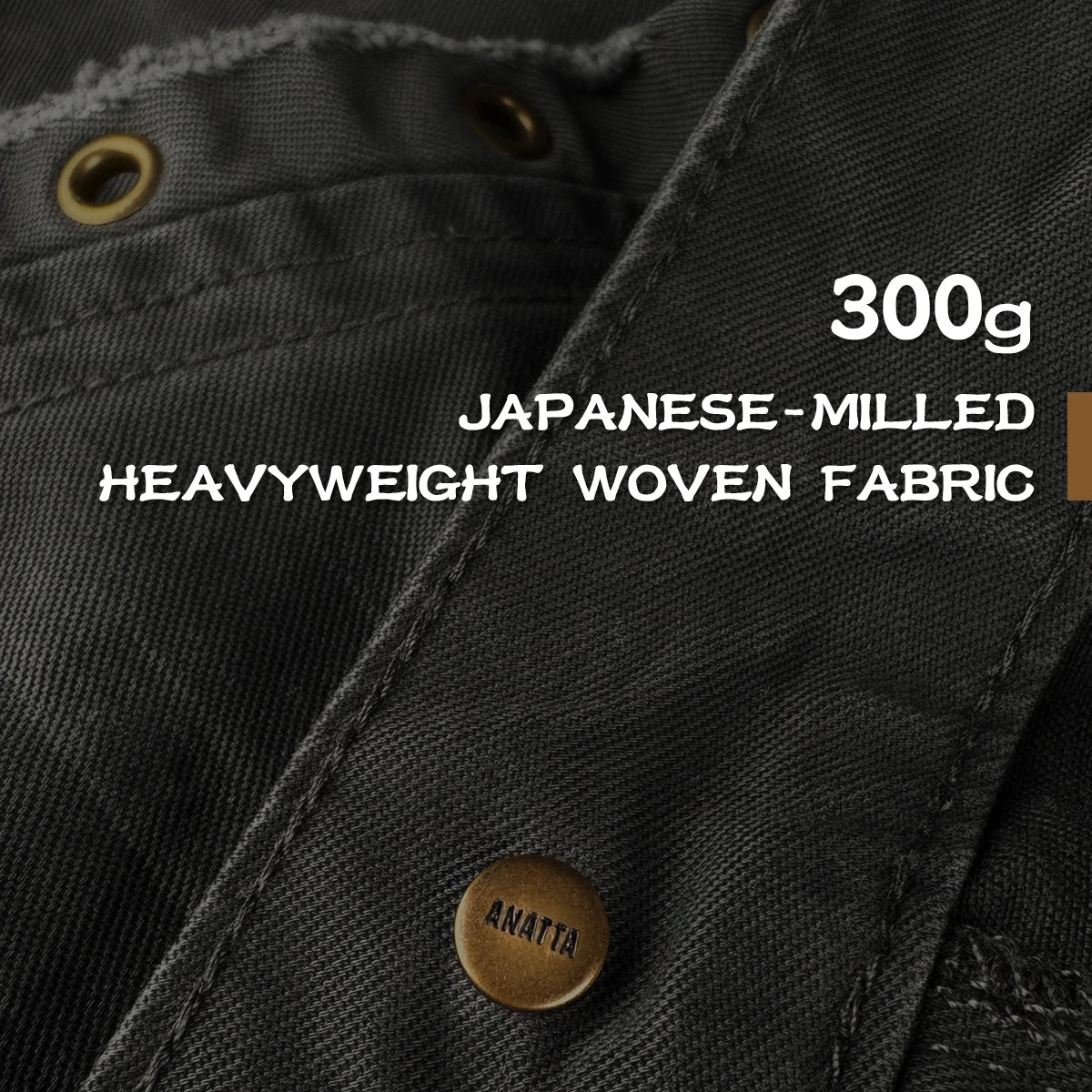 Close-up of black fabric with text about Japanese-milled heavyweight woven fabric - Anatta Streetwear