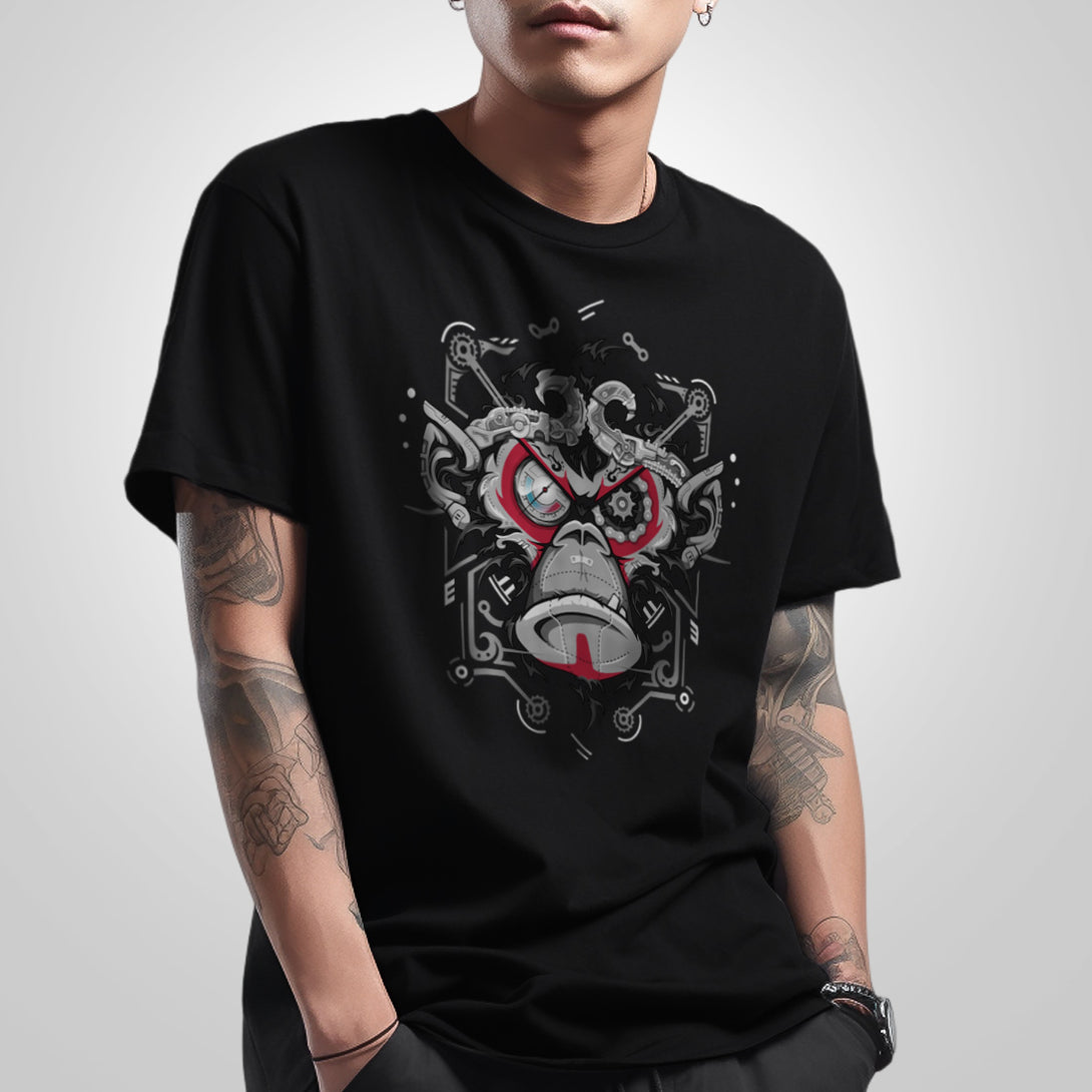 Monkey king - a model wearing a Japanese style black heavyweight T-shirt featuring the intricate graphic design of a steam-punk style monkey king, printed on the front