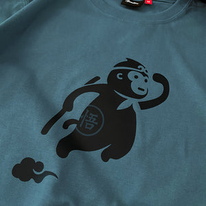 a close-up of a cute design of the oversized wukong, printed on the front of a bluestone heavyweight T-shirt -2 - Anatta Streetwear