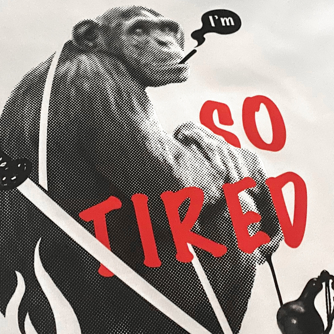 So Tired - a close-up of the graphic design of a tired monkey smoking, printed on the Japanese style heavyweight T-shirt-1