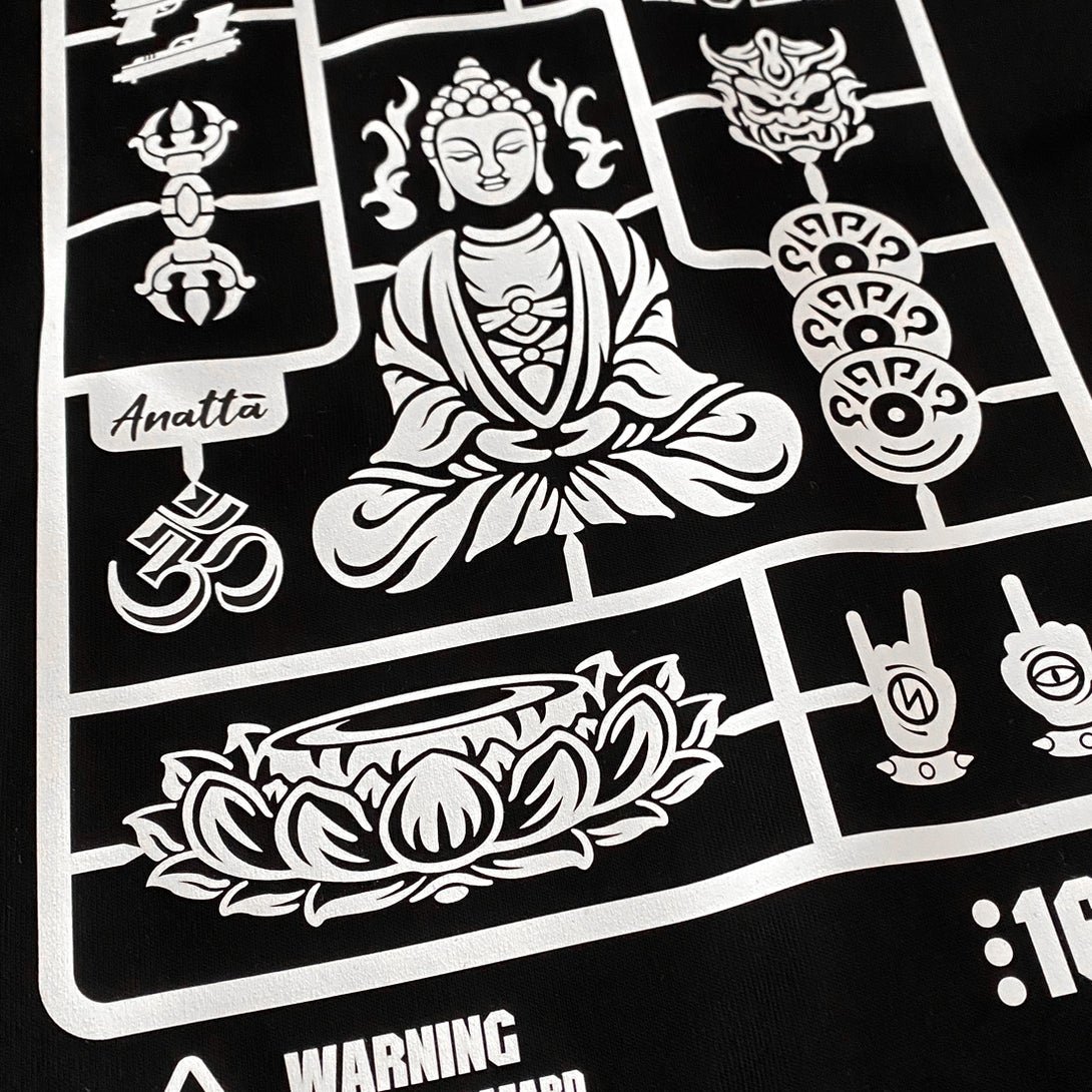 Buddha Model Kit- a close-up of a vintage-style Buddha model kit design printed on the front of a black sweatshirt -2