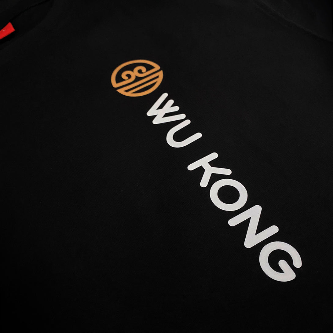 Wukong - a close-up of The word Wukong and an icon printed on a Japanese style black heavyweight T-shirt-1