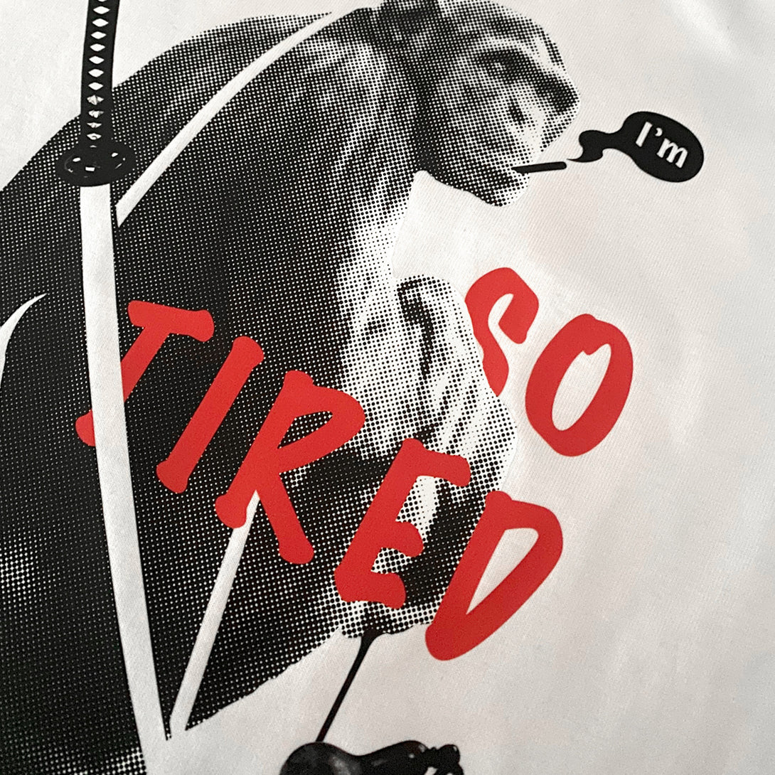 So Tired - a close-up of the graphic design of a tired monkey smoking, printed on the Japanese style heavyweight T-shirt-2