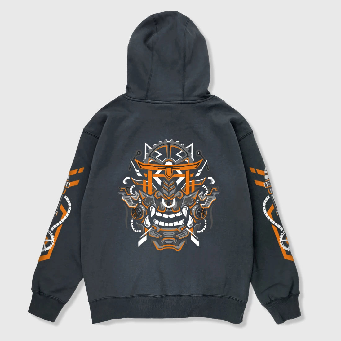 Oni mask - A Japanese style black hoodie showcasing an intricate illustration of an abstract-style Japanese oni mask printed on the back, with graphics printed on both sleeves