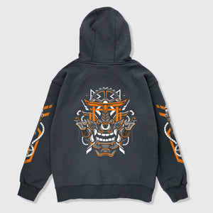 Oni mask - A Japanese style black hoodie showcasing an intricate illustration of an abstract-style Japanese oni mask printed on the back, with graphics printed on both sleeves