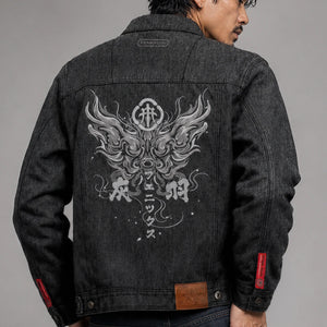 Model wearing the Fenikkusu dark grey Japanese denim jacket with phoenix back embroidery