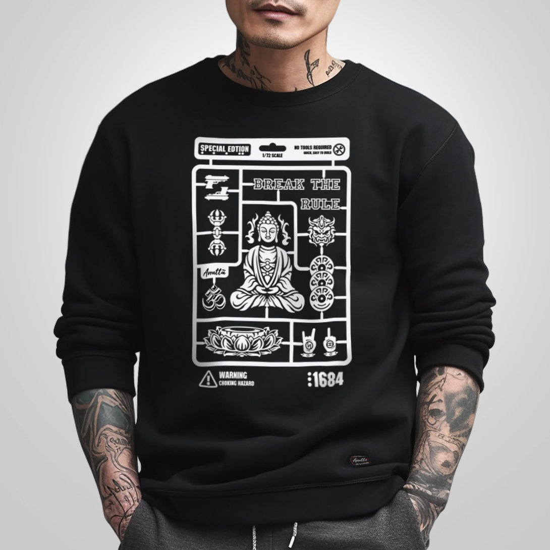 Buddha Model Kit - a model wearing a black sweatshirt, featuring a vintage-style Buddha model kit design printed on the front.