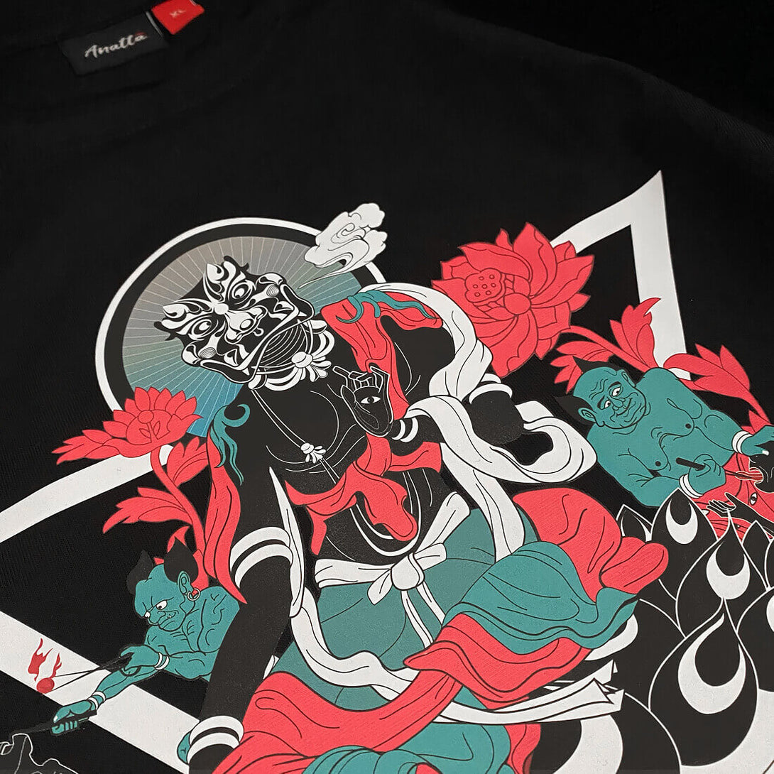 Myth of Underworld - a close-up of a graphic design depicting the underworld from Eastern mythology, printed on the Japanese style heavyweight T-shirt-1