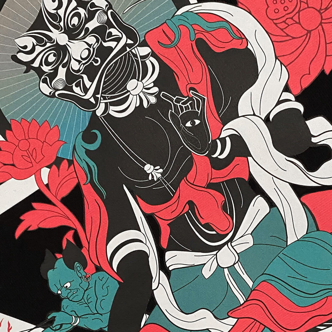 Myth of Underworld - a close-up of a graphic design depicting the underworld from Eastern mythology, printed on the Japanese style heavyweight T-shirt-2