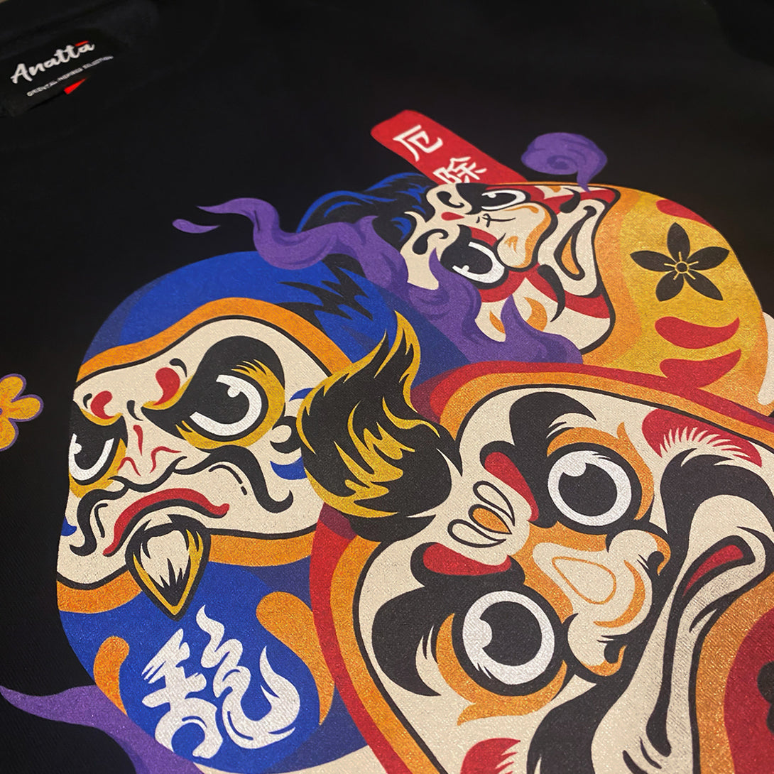Daruma - a close-up of a graphic design of Japanese drama doll, printed on the front of a Japanese style black heavyweight sweatshirt-2