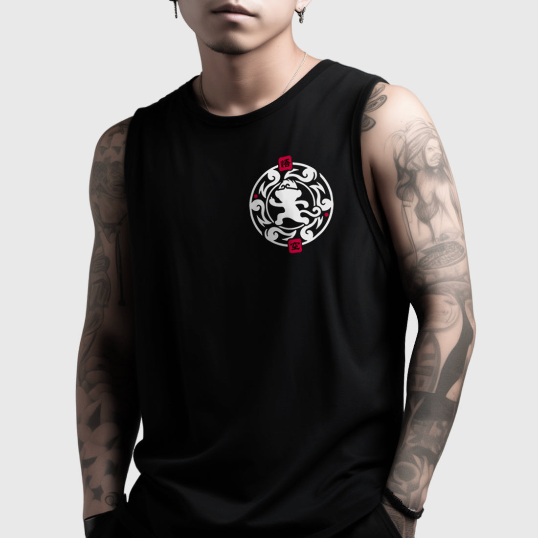 A model wearing a black tank top featuring a minimalist design of Wukong, printed on the left.