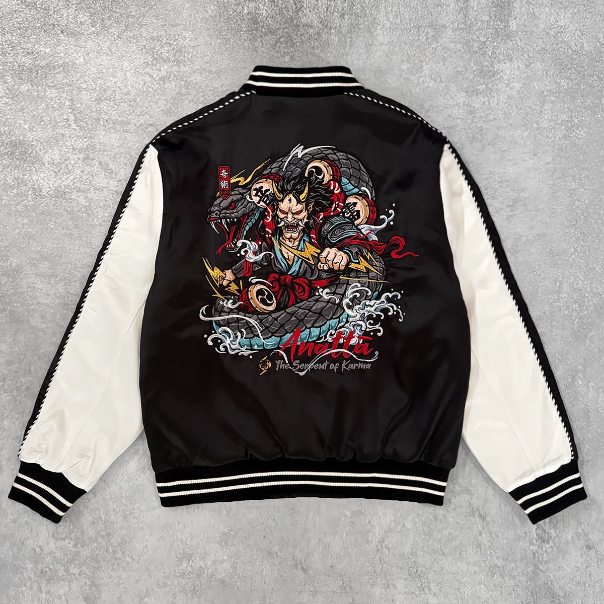Raijin’s Wrath Japanese satin jacket, back view with oversized Raijin and serpent embroidery