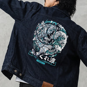 Model wearing the Rogue Wave denim jacket from the back, highlighting the oversized Japanese wave embroidery.
