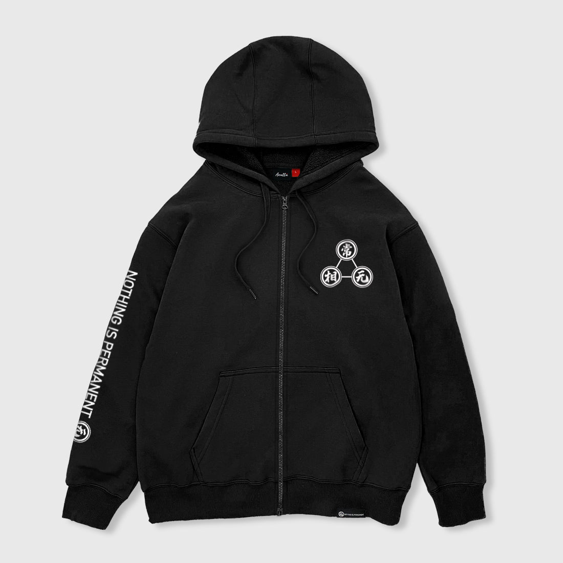 Mudra - Front view of the Japanese style black zip-up hoodie, featuring a small graphic design on the front, english characters printed on the right sleeve