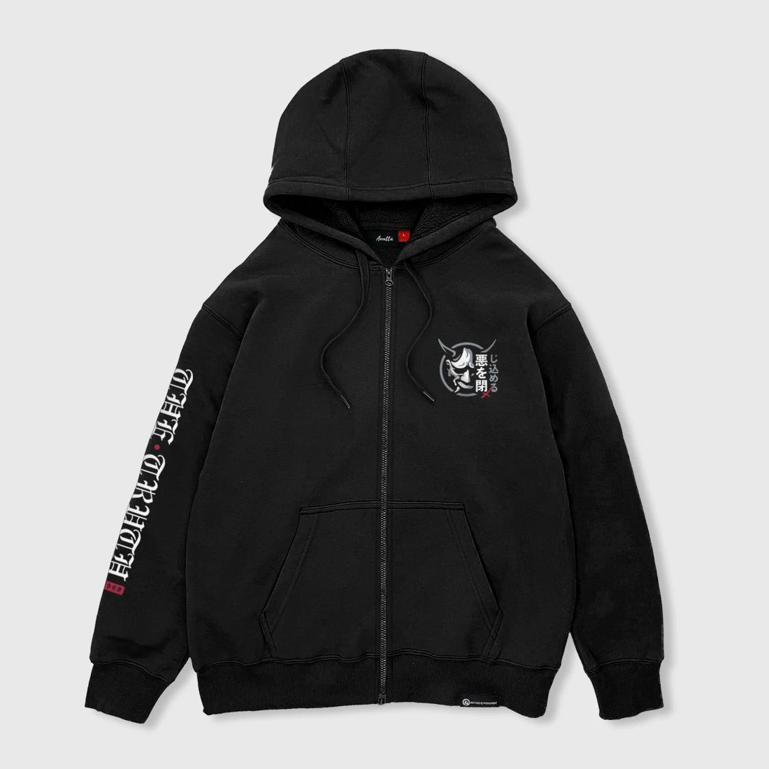 Black zip-up hoodie with Hannya chest print and sleeve text - Anatta