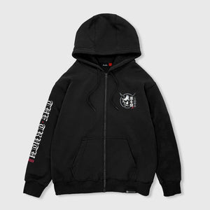Black zip-up hoodie with Hannya chest print and sleeve text - Anatta