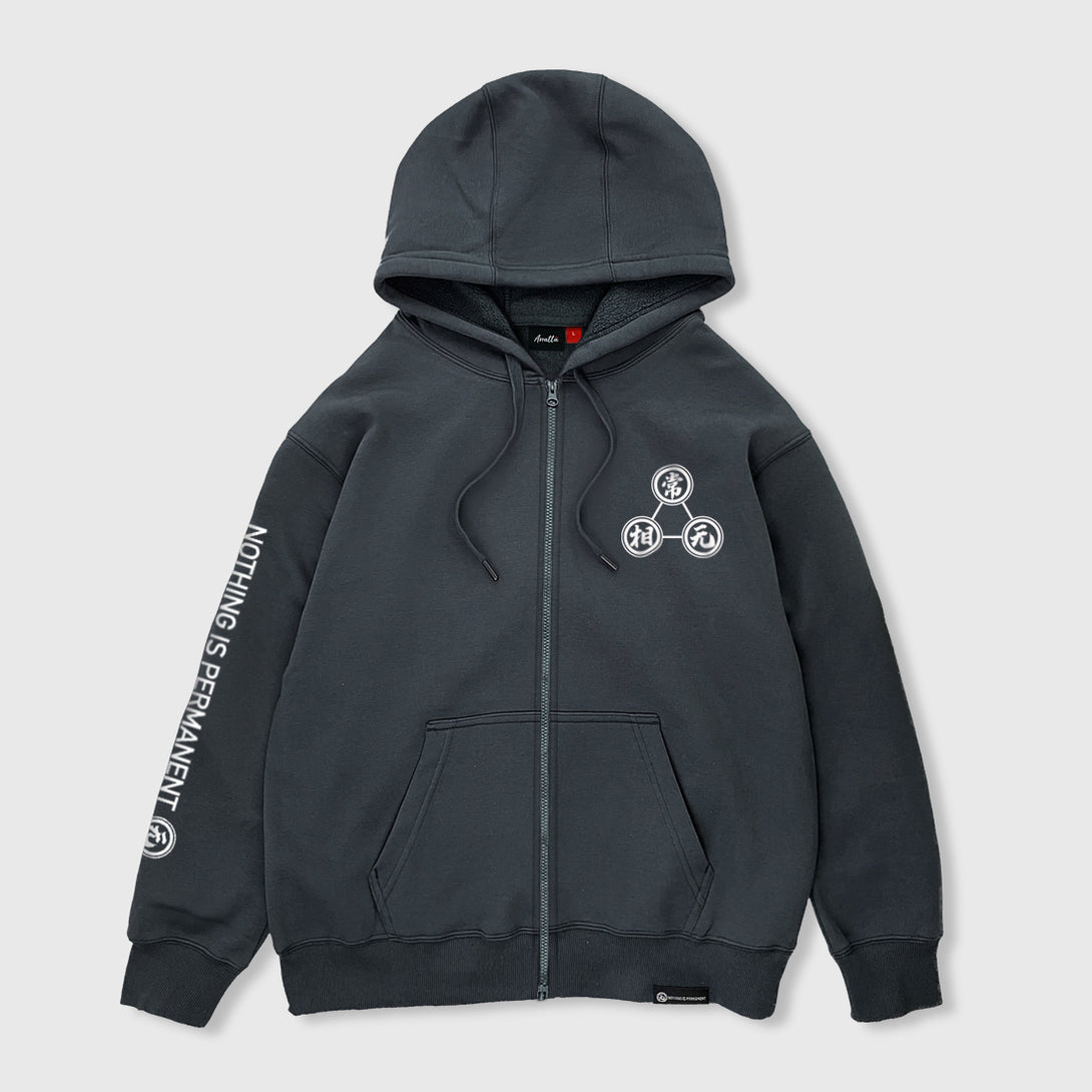 Mudra - Front view of the Japanese style dark grey zip-up hoodie, featuring a small graphic design on the front, english characters printed on the right sleeve