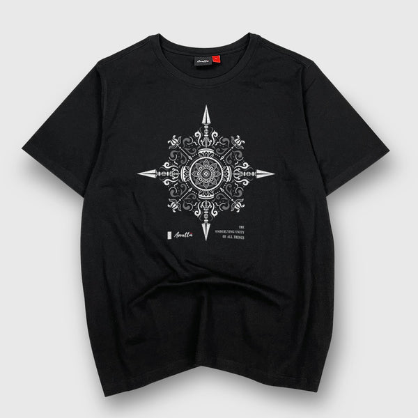 Vajra - a Japanese style black heavyweight T-shirt featuring an exquisite design inspired by Buddhism's Vajra printed on the front