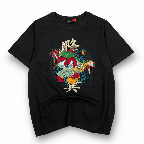 Tender Snake - a Japanese style black heavyweight T-shirt featuring a graphic design inspired by ancient Chinese depictions of snakes, printed on the front