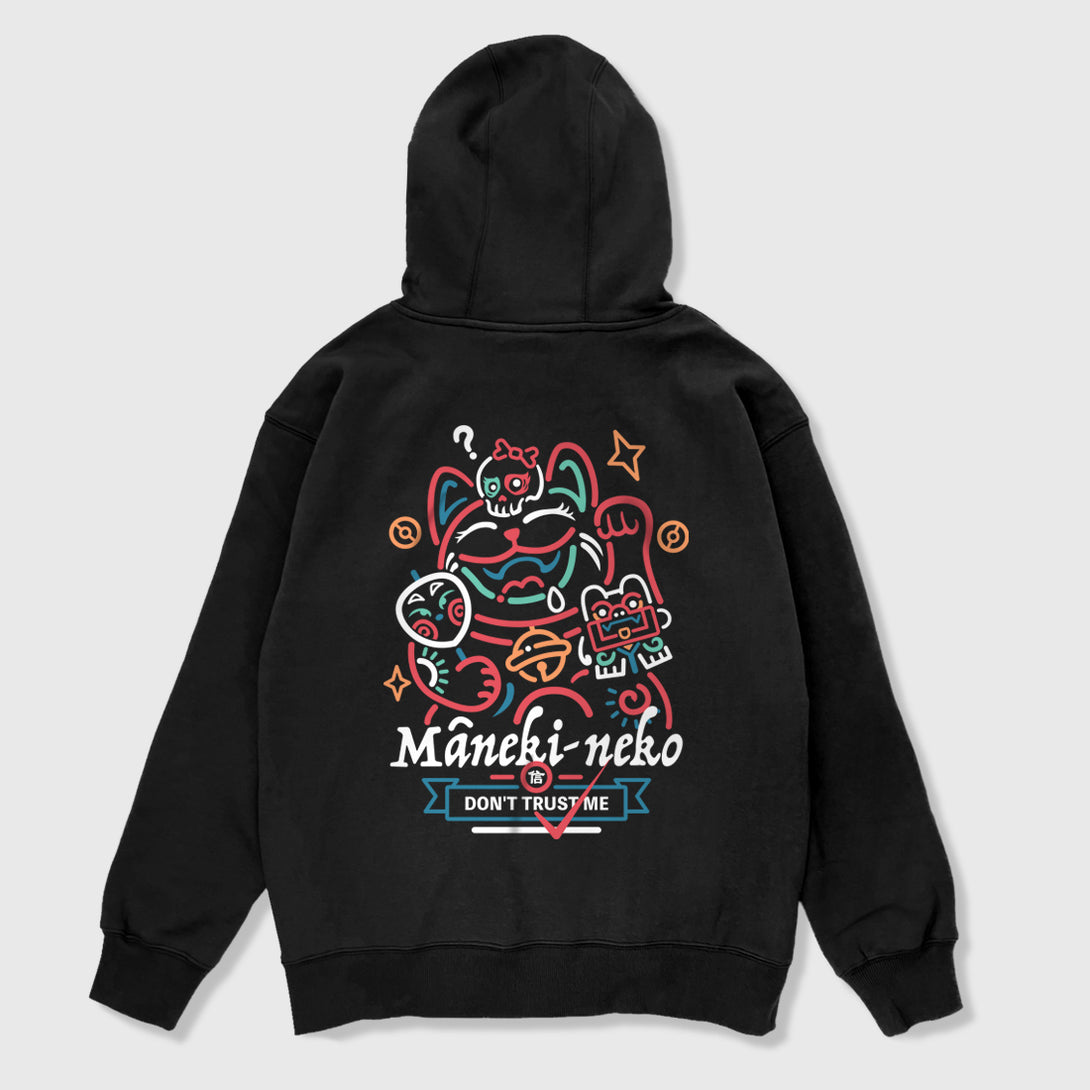 Not to believe in luck - A Japanese style black hoodie featuring a graphic design of a luck cat printed on the back 