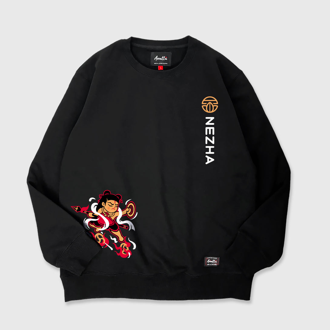 Nezha - A Japanese black sweatshirt featuring a design of a minimalist style Nezha printed in the bottom right corner. The word Nezha and an icon are printed on the left front