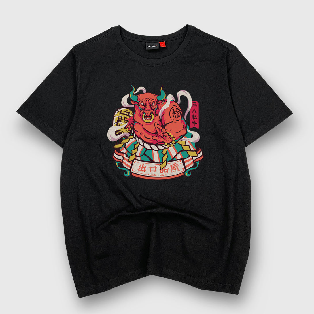 Bull Sumo - a Japanese style black heavyweight T-shirt featuring the design of a Japanese bull sumo, printed on the front